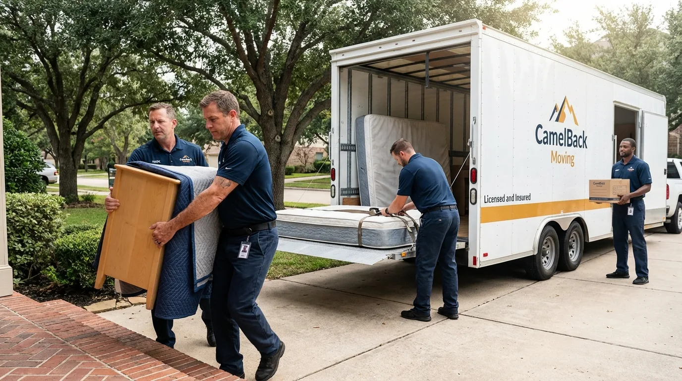 Crew loading residential truck for cross-state move from Schriever, LA