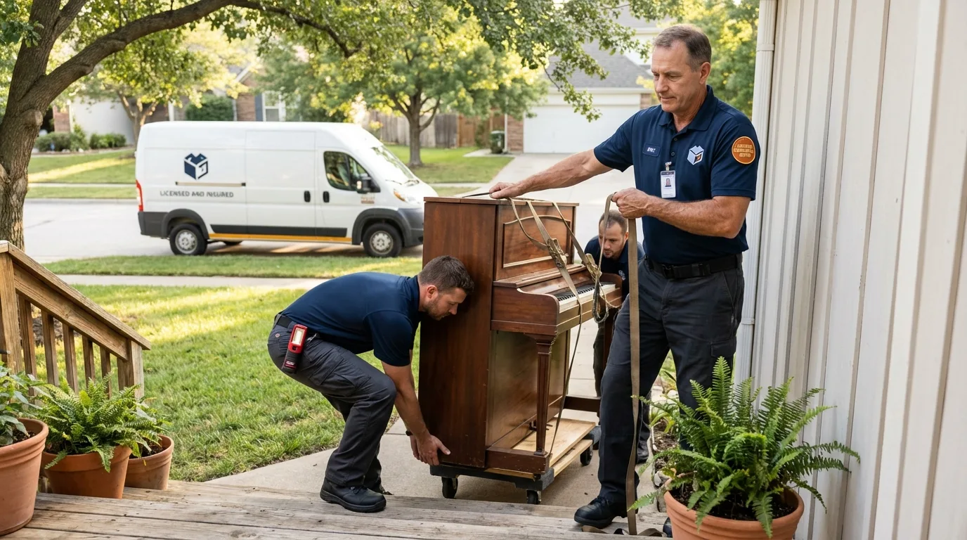 Licensed piano movers securing grand piano in Schriever, LA