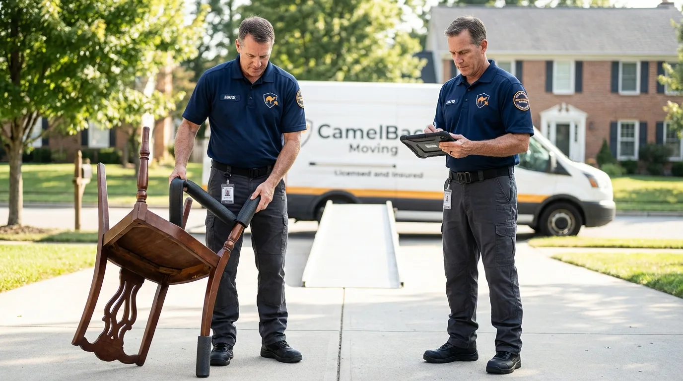 Movers inspecting furniture for damage prevention before loading in Schriever, LA