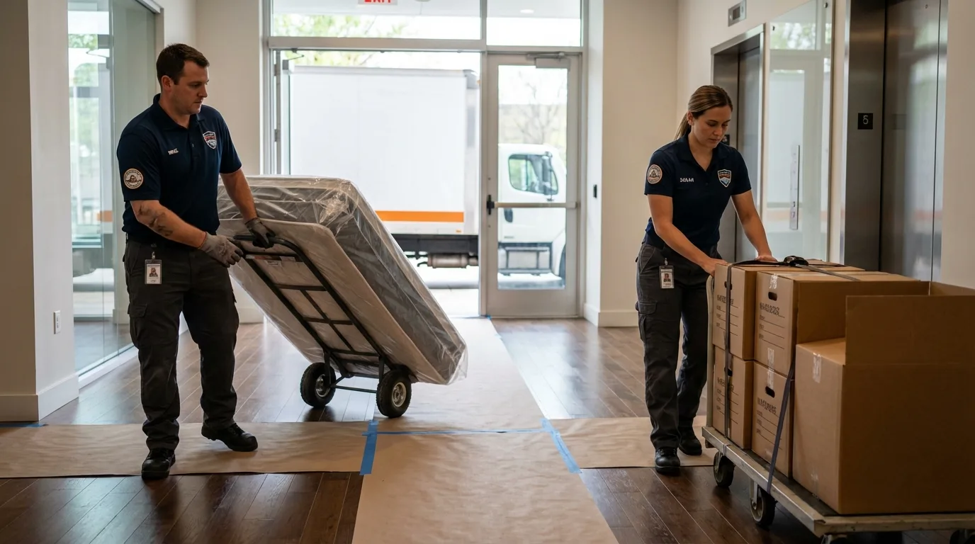 Professional apartment movers loading elevator in Schriever, LA